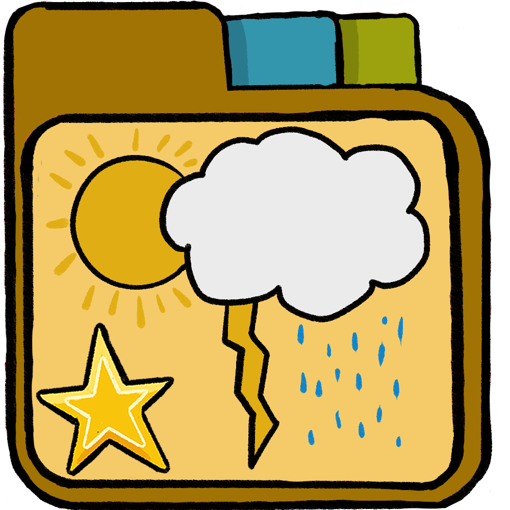 a yellow file folder with a star and sun behind a cloud. The cloud has rain and a lightning bolt coming out 